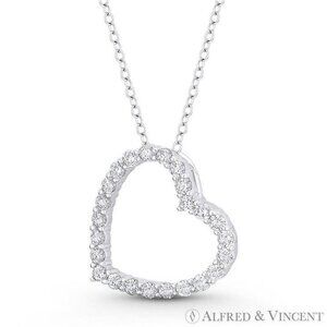 Sideways-Heart Charm CZ Crystal Pave Sliding Pendant in .925 Sterling Silver